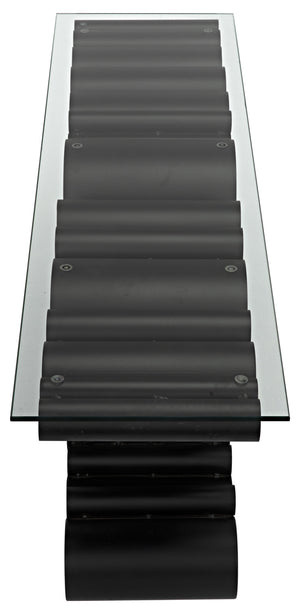 Paradox Console Table in Matte Black Industrial Steel with Glass Top