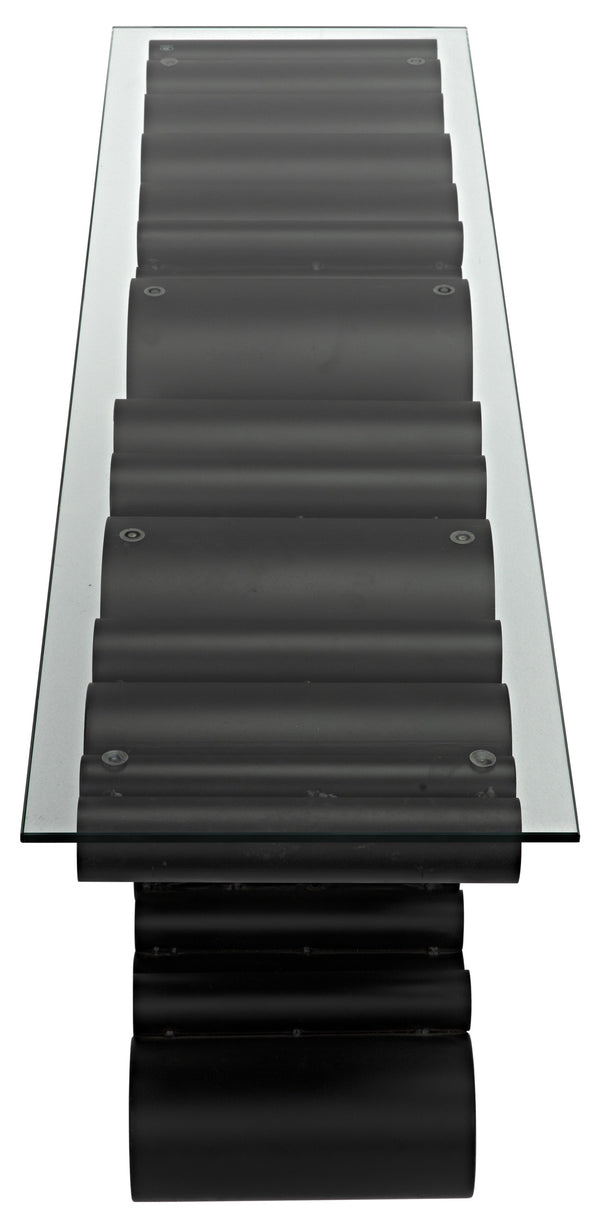 Paradox Console Table in Matte Black Industrial Steel with Glass Top