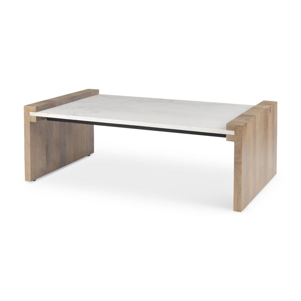 Athens  48.0L x 28.0W x 16.0H Light Brown Wood and White Marble Coffee Table