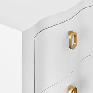 CURVED FRONT SIDE TABLE WITH TWO DRAWERS IN WHITE TEXTURED LINEN WITH SATIN BRASS RING HARDWARE