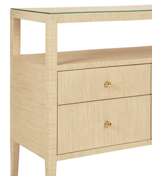 SIX DRAWER CONSOLE WITH OPEN SHELF IN NATURAL GRASSCLOTH WITH POLISHED BRASS KNOBS