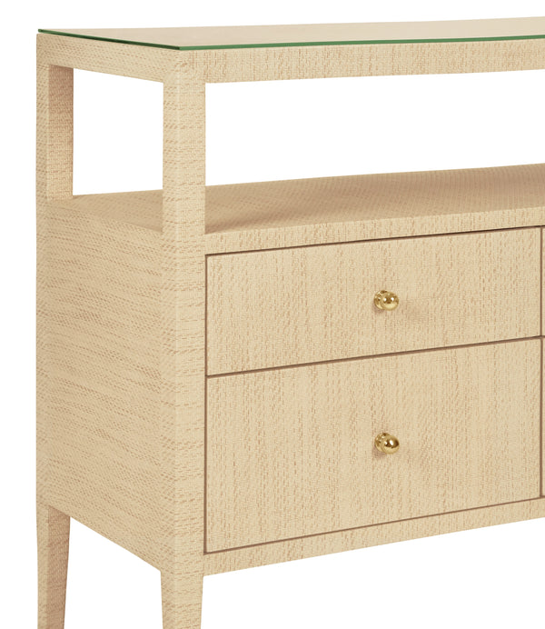 SIX DRAWER CONSOLE WITH OPEN SHELF IN NATURAL GRASSCLOTH WITH POLISHED BRASS KNOBS