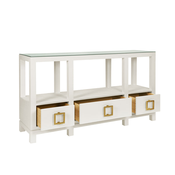 OPEN SHELF CONSOLE WITH THREE BOTTOM DRAWERS AND SQUARE SATIN BRASS HARDWARE IN WHITE TEXTURED LINEN