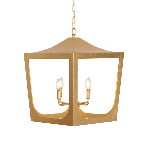 MODERN PAGODA LANTERN WITH FOUR LIGHT GOLD LEAF CLUSTER, BODY IN GOLD LEAF