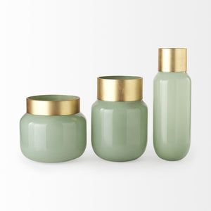 Minty  5.7L x 5.7W x 16.8H Green Glass Vase W/Matte Gold Metal Neck Cuff