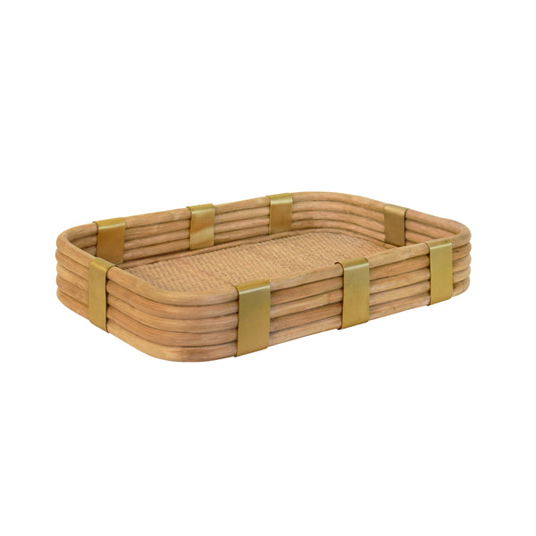 RECTANGULAR NATURAL RATTAN TRAY WITH BRASS RIM AND ROUNDED CORNERS