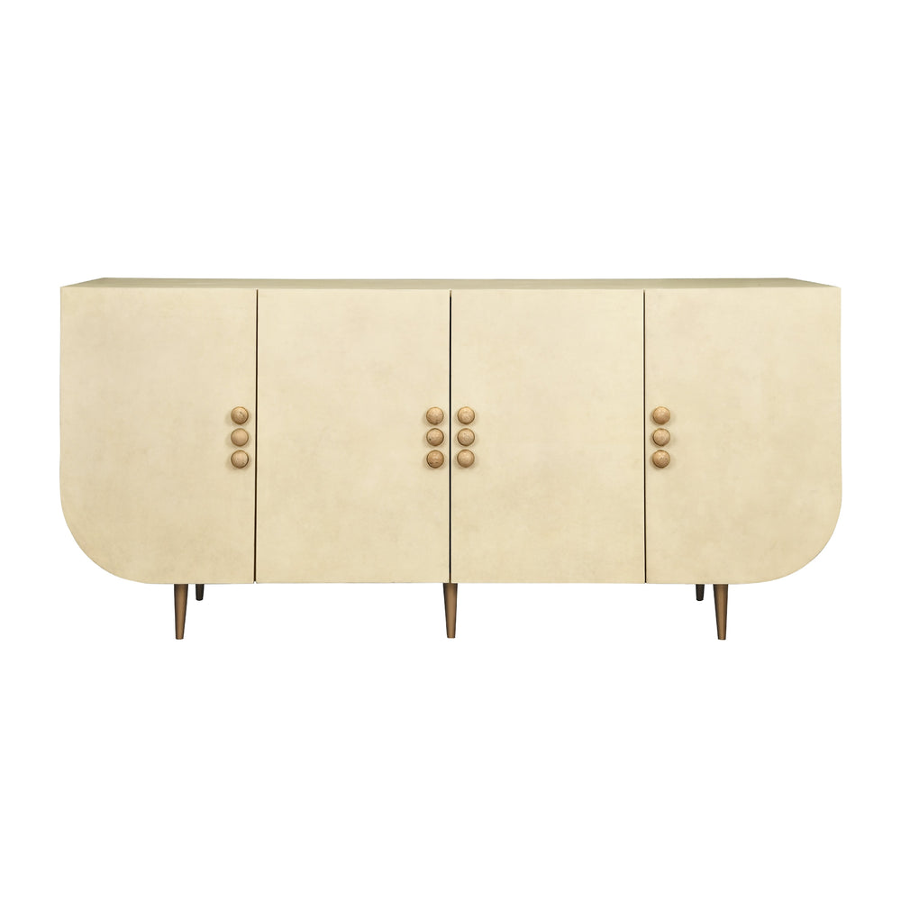 FOUR DOOR BUFFET WITH CURVED BOTTOM CORNERS AND STONE HARDWARE IN FAUX PARCHMENT