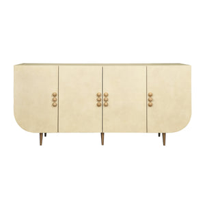 FOUR DOOR BUFFET WITH CURVED BOTTOM CORNERS AND STONE HARDWARE IN FAUX PARCHMENT
