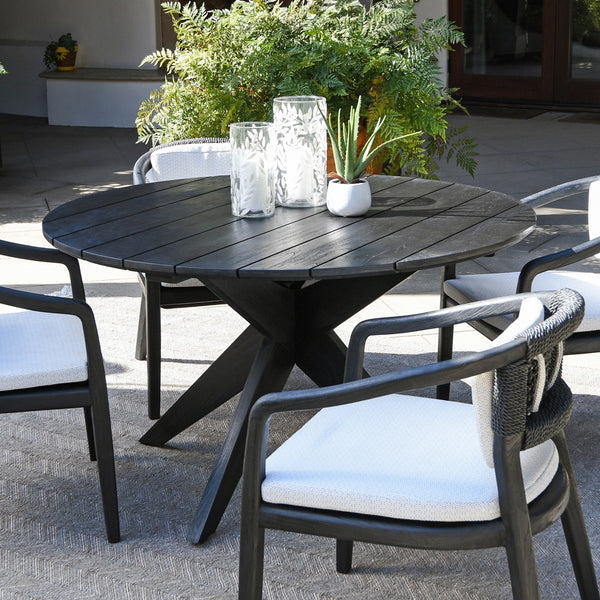 Alameda 53" Outdoor Round Dining Table, Teak - Black