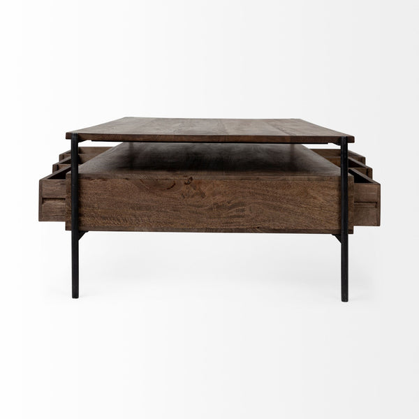 Glenn II 54x30 Dark Brown Wood w/ Black Iron Frame, Rectangle 3 Drawers Coffee Table