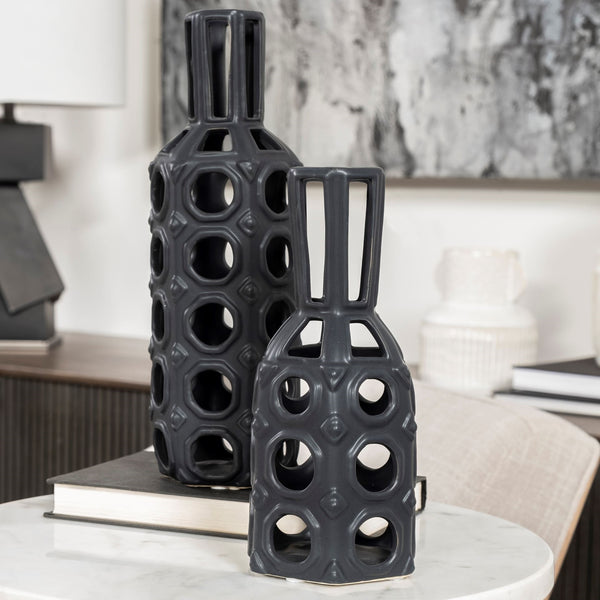 Brunel Small Black Drum-Shaped Ceramic Vase