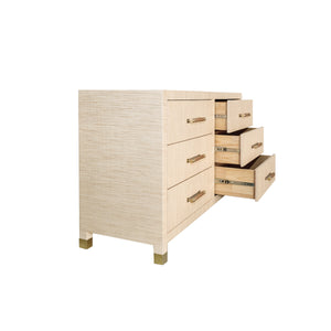 SIX DRAWER CHEST WITH RATTAN WRAPPED HANDLES IN NATURAL GRASSCLOTH