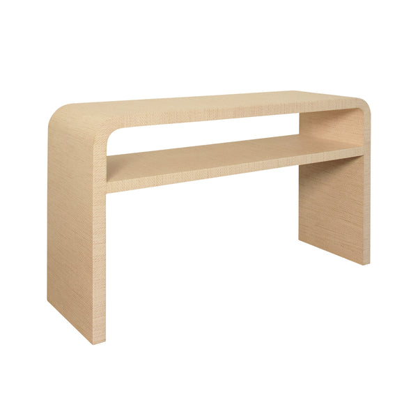 WATERFALL EDGE TWO TIER CONSOLE TABLE IN NATURAL GRASSCLOTH