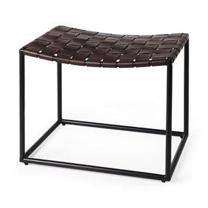 Clarissa 22.0L x 16.0W x 16.5H Brown Leather Woven Seat W/ Black Metal Frame Stool