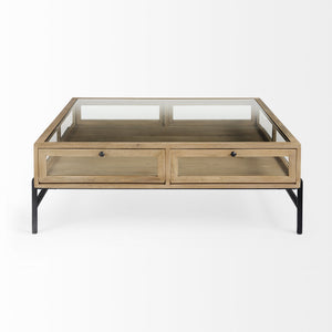 Arelius 42" Square Glass-Top Light Brown w/ Black Metal Base Display Coffee Table