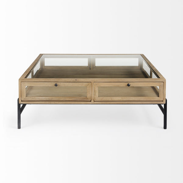 Arelius 42" Square Glass-Top Light Brown w/ Black Metal Base Display Coffee Table