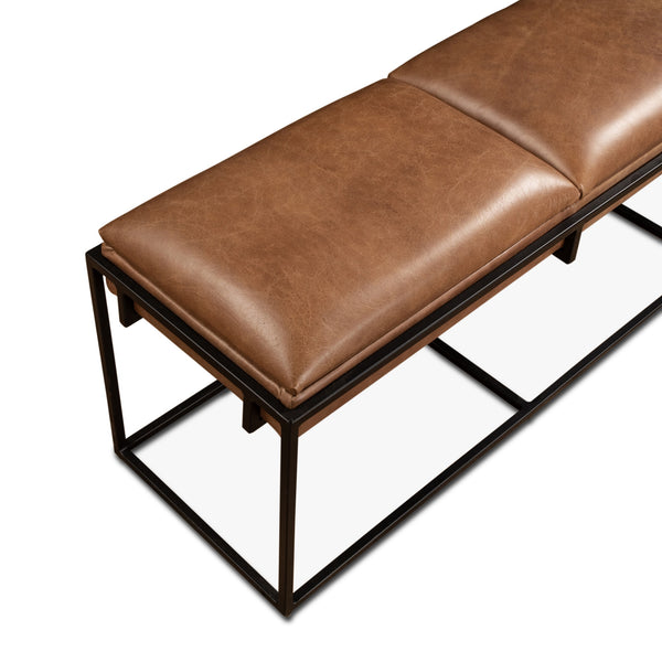 New York 62" Cognac Leather Iron Bench