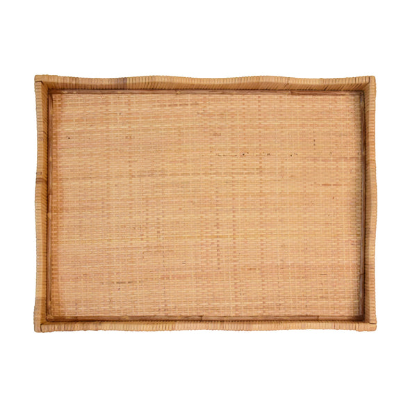 RECTANGULAR NATURAL RATTAN WRAPPED TRAY WITH WAVE SHAPED EDGE