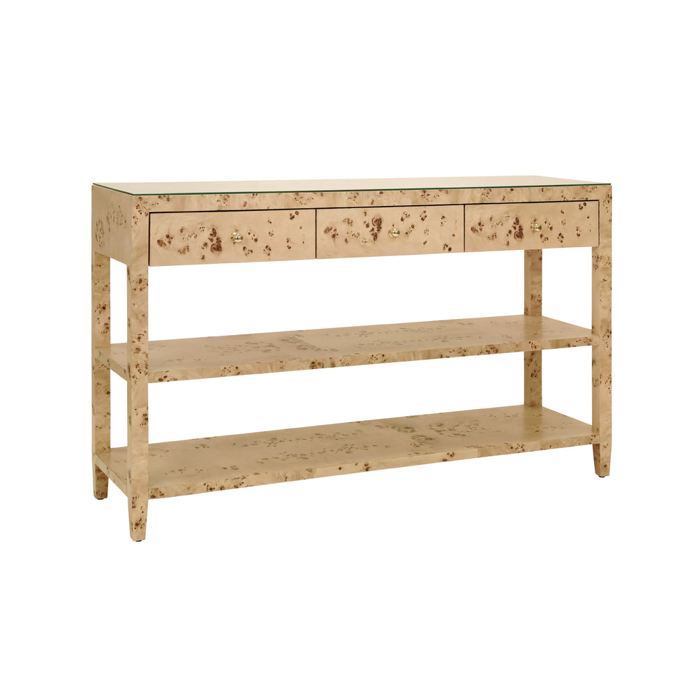 THREE DRAWER CONSOLE WITH TWO OPEN SHELVES IN BURL WOOD WITH POLISHED BRASS KNOBS