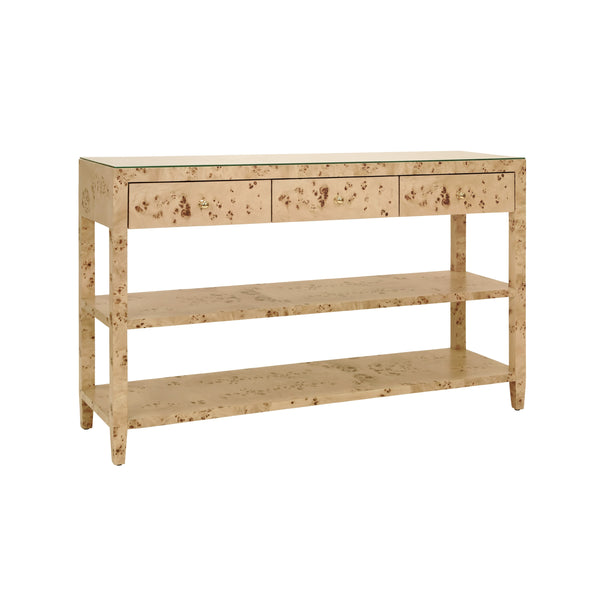 THREE DRAWER CONSOLE WITH TWO OPEN SHELVES IN BURL WOOD WITH POLISHED BRASS KNOBS