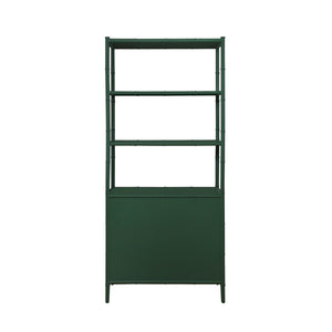 THREE DRAWER ETAGERE WITH BAMBOO DETAIL IN GREEN DYED GRASSCLOTH AND DARK GREEN MATTE LACQUER