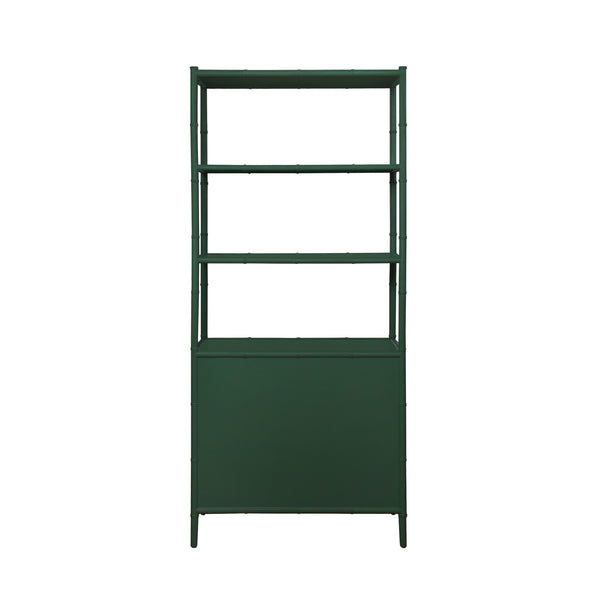 THREE DRAWER ETAGERE WITH BAMBOO DETAIL IN GREEN DYED GRASSCLOTH AND DARK GREEN MATTE LACQUER