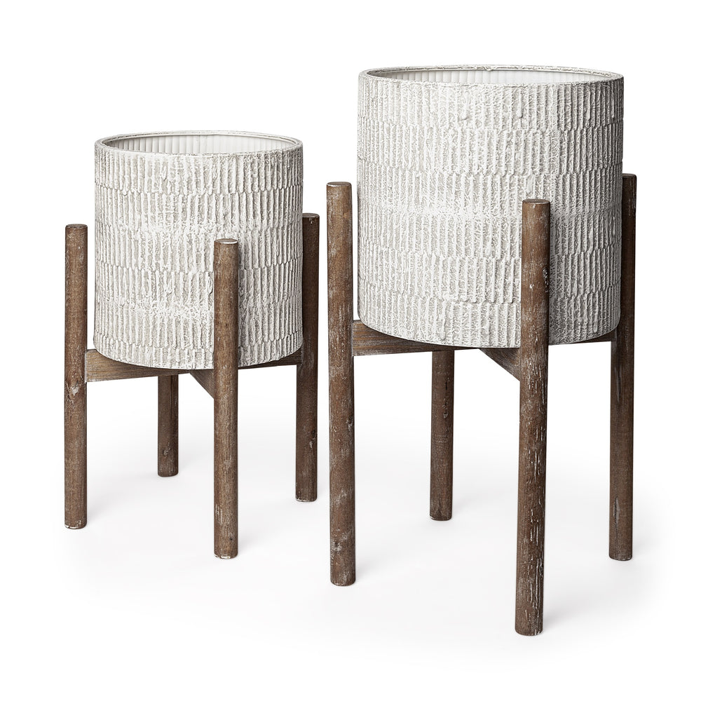 Groot Set of Two 11.8 x 23  Eggshell Ceramic Wooden Base Plant Stands