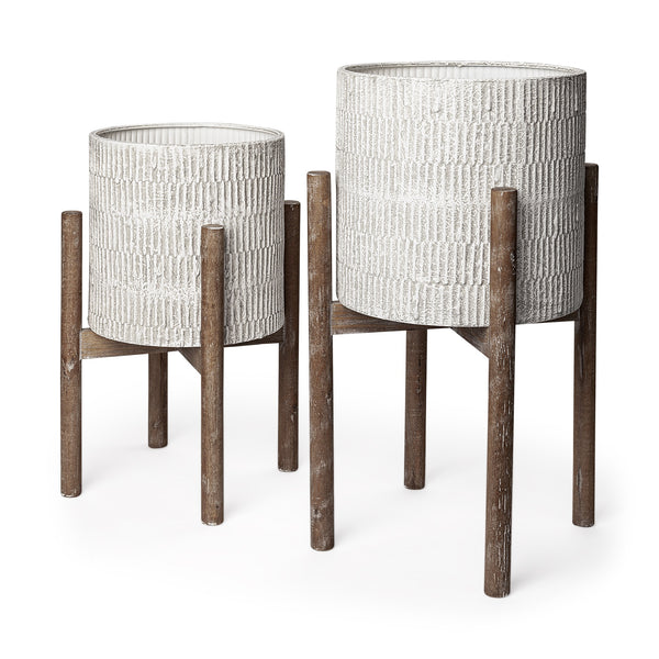 Groot Set of Two 11.8 x 23  Eggshell Ceramic Wooden Base Plant Stands