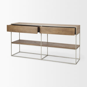Morris I 63L x 15W x 31H Brown Wood w/ Silver Metal Frame 2 Drawer Console Table