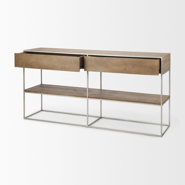 Morris I 63L x 15W x 31H Brown Wood w/ Silver Metal Frame 2 Drawer Console Table