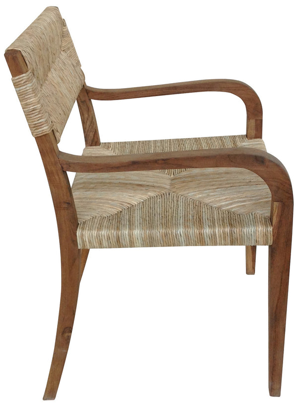 Bowie Teak Armchair with Rush Seagrass Seat in Clear Coat Satin Finish