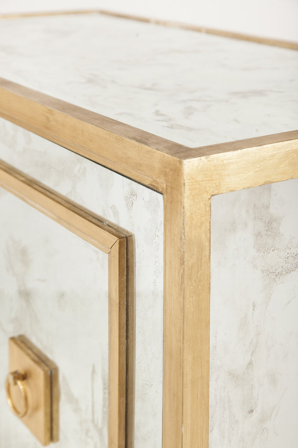 ANTQ. MIRROR & GL 2 DOOR CABINET W GREEK KEY DETAIL