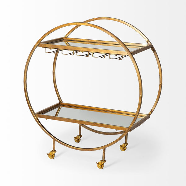 Carola Gold Frame Two-Tier Glass Shelves w/Stemware Holder Bar Cart