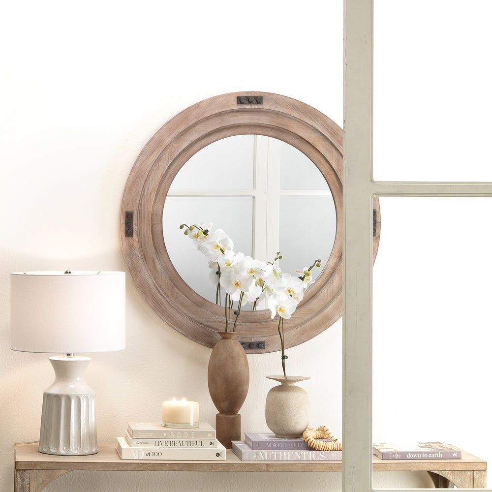 Foreman Wood Round Wall Mirror, White Washed