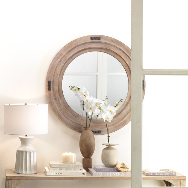 Foreman Wood Round Wall Mirror, White Washed