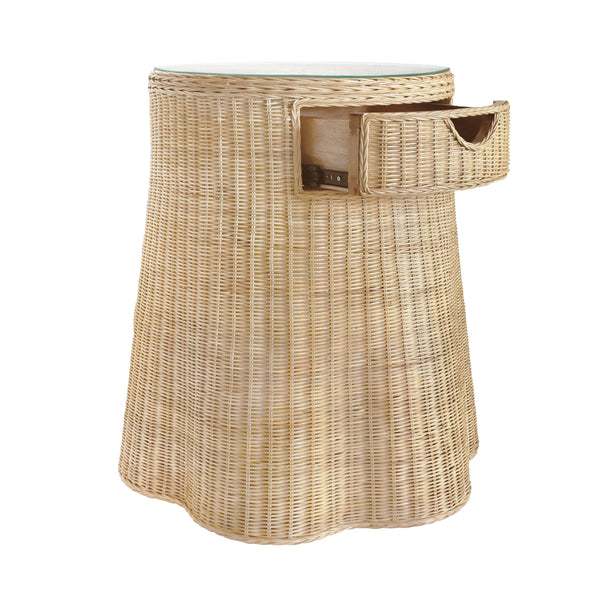 ONE DRAWER ROUND SIDE TABLE WITH FLARED SCALLOPED BASE IN RATTAN WITH GLASS TOP
