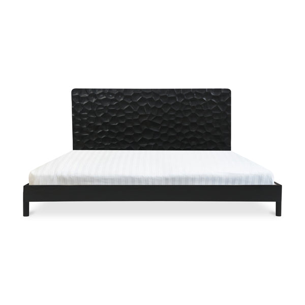 Misaki Queen Bed in Black with Carved Headboard