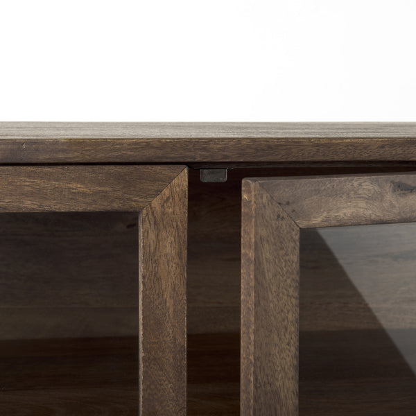 Arelius 36L x 18W x 32H Medium Brown Wood, Black Metal Base w/ 2 Glass Doors Accent Cabinet