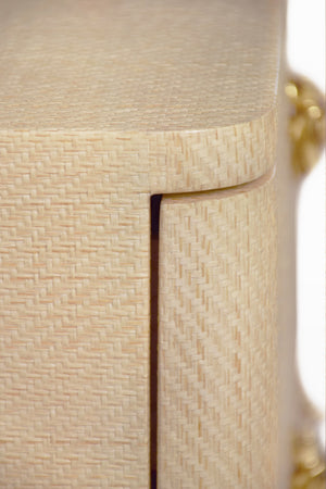 SIX DRAWER ROUNDED EDGE CHEST WITH BRASS BEETLE KNOB IN NATURAL GRASSCLOTH