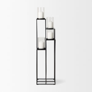 Cindy 4-Tier, Matte Black Metal w/ Hurricane Glass, Pillar Candle Floor Lantern