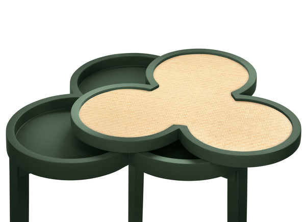 CLOVER CIGAR TABLE WITH REVERSIBLE LACQUER AND NATURAL GRASSCLOTH TOP IN MATTE DARK GREEN LACQUER