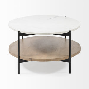 Larkin 48" Oval White Marble Top and Solid Wood Shelf w/ Black Metal Frame Coffee Table