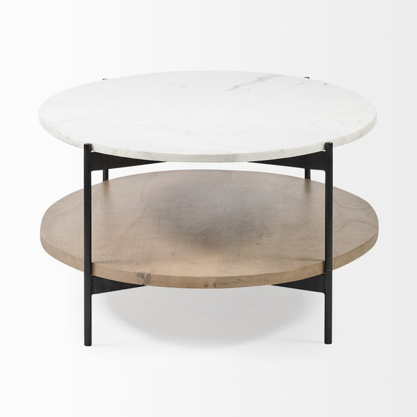 Larkin 48" Oval White Marble Top and Solid Wood Shelf w/ Black Metal Frame Coffee Table