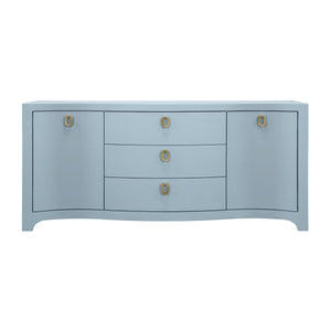 CURVED FRONT TWO DOOR THREE DRAWER BUFFET IN TEXTURED LIGHT BLUE LINEN WITH SATIN BRASS RING HARDWARE