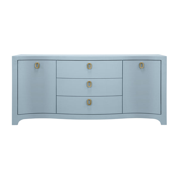 CURVED FRONT TWO DOOR THREE DRAWER BUFFET IN TEXTURED LIGHT BLUE LINEN WITH SATIN BRASS RING HARDWARE