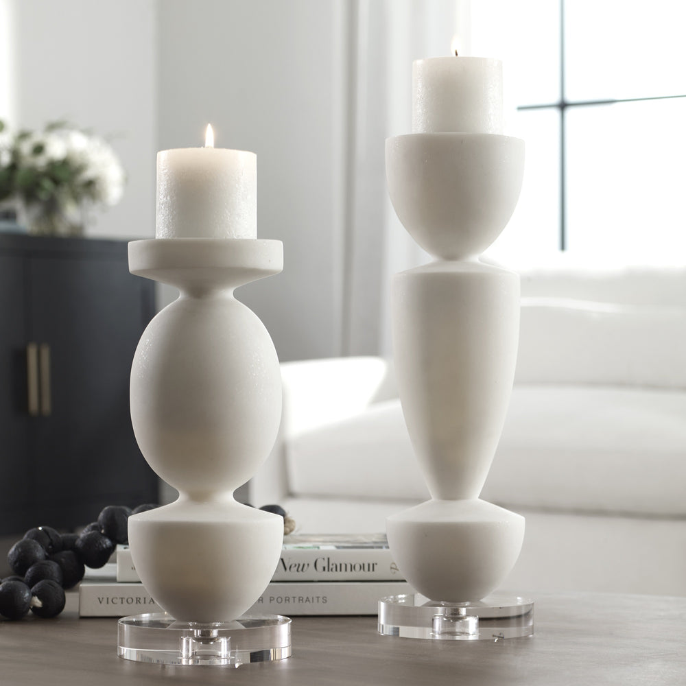 Lido White Stone Candleholders, Set/2