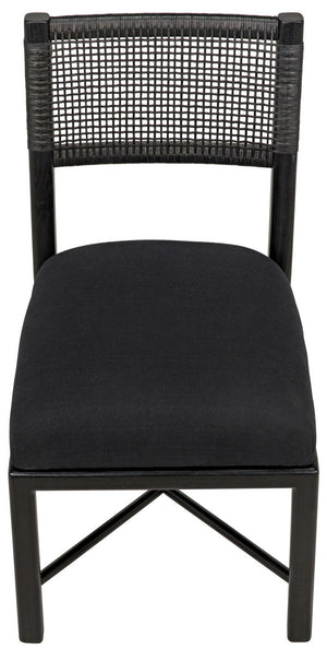 Lobos Sungkai and Mindi Chair with Woven Leather Backrest in Charcoal Black with Black Cotton Upholstery