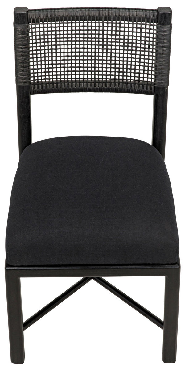 Lobos Sungkai and Mindi Chair with Woven Leather Backrest in Charcoal Black with Black Cotton Upholstery