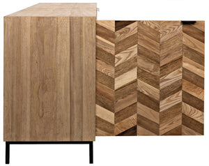 Herringbone Walnut and Veneer Sideboard with Matte Black Industrial Steel Base in Dark and Washed Walnut Finish