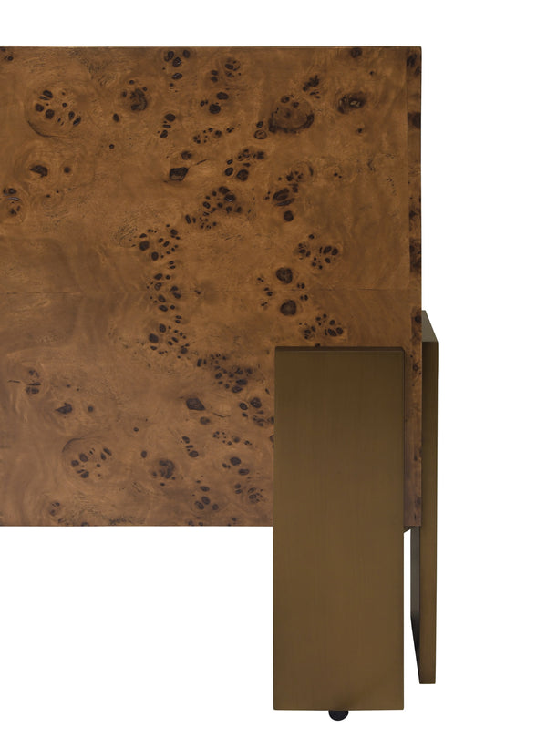 SQUARE CHUNK COFFEE TABLE WITH ANTIQUE BRASS LEG BRACKETS IN DARK BURL WOOD